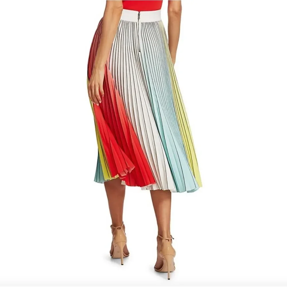 Alice + Olivia Arden Pleated Midi Skirt Multicolor Colorblock Size 4 - Picture 2 of 13